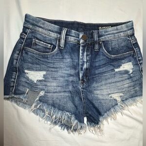 Blank NYC Women's Frayed Hem Wedge Jean Shorts - Dark Blue. Size 26. Distressed